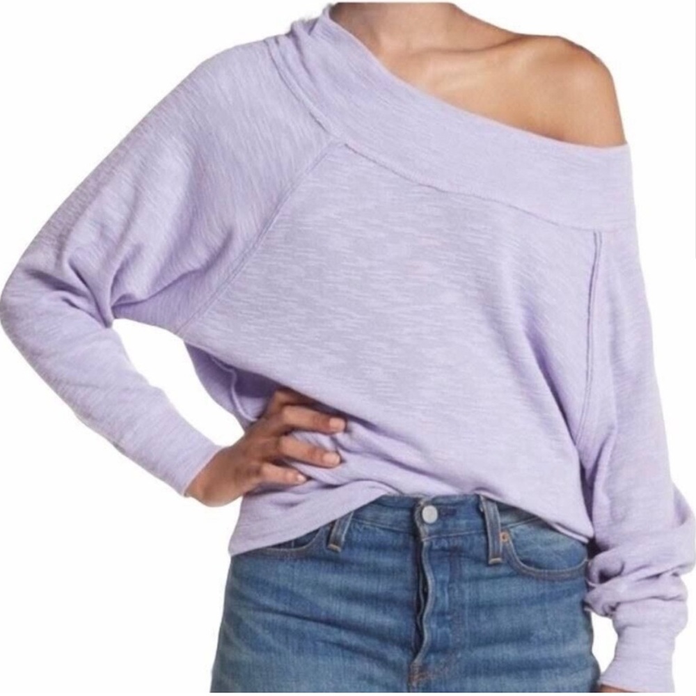 Free People Lavender Palisades Exposed Seams Sweatshirt Oversized Off Shoulder